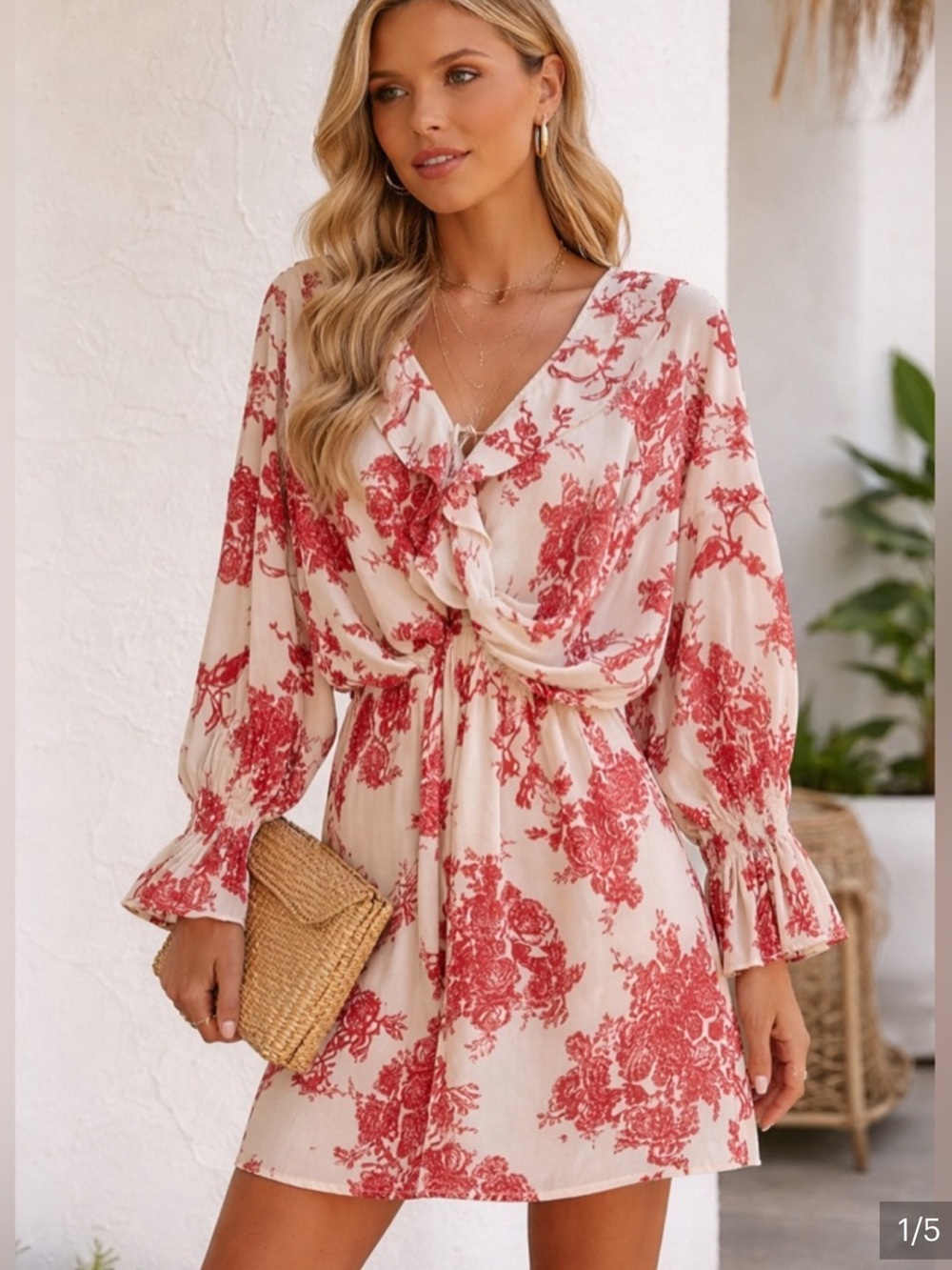 VICI Mozart Red Cream Floral Toile Mini Dress S Smocked Cuff Long Sleeve Event